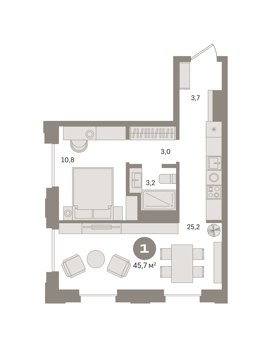 1 комн. Квартира 45.7 кв. м