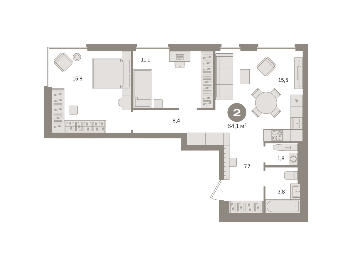 2 комн. Квартира 64.1 кв. м