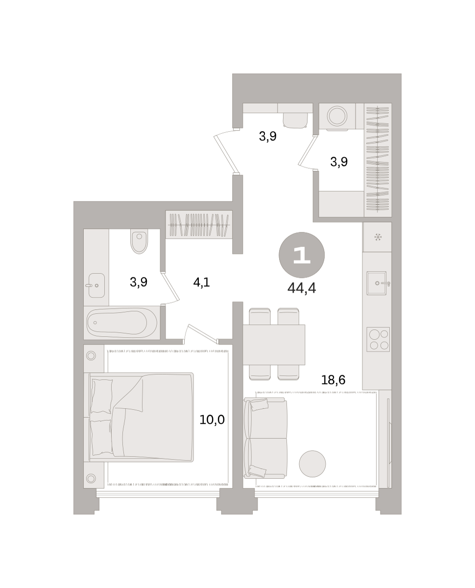 1 комн. Квартира 44.4 кв. м