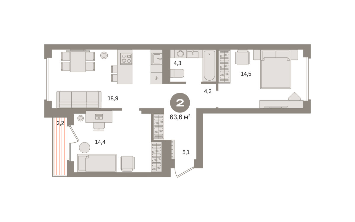 2 комн. Квартира 63.6 кв. м