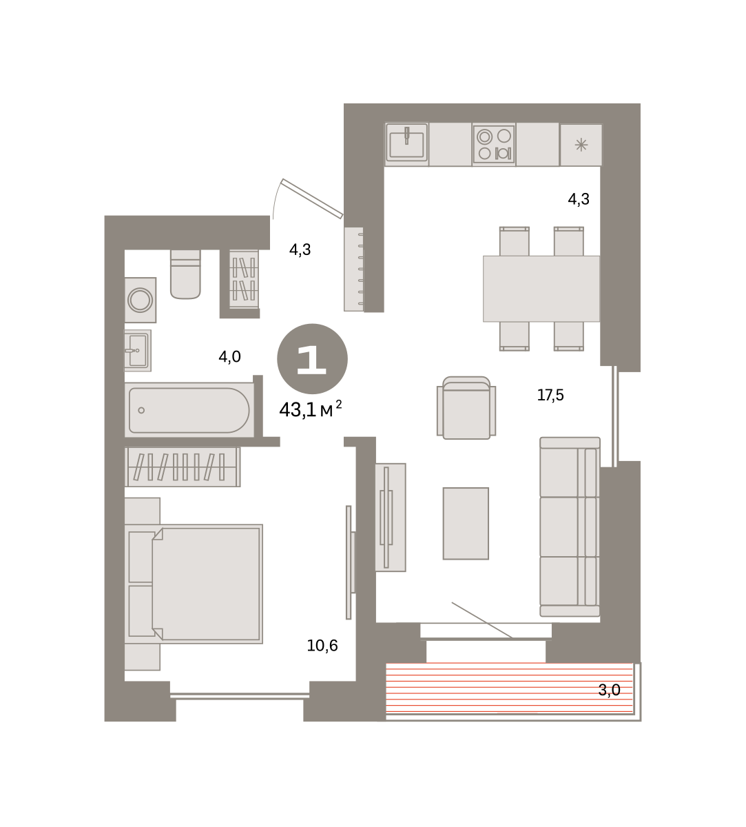 1 комн. Квартира 43.1 кв. м
