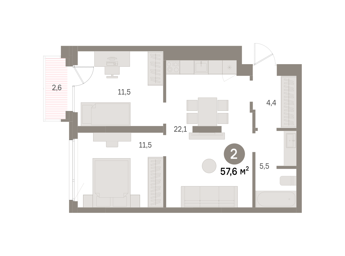 2 комн. Квартира 57.6 кв. м