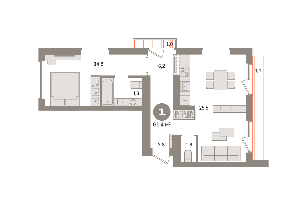 1 комн. Квартира 61.4 кв. м