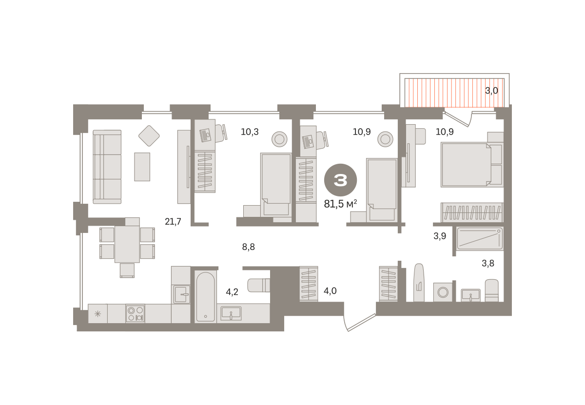 3 комн. Квартира 81.5 кв. м