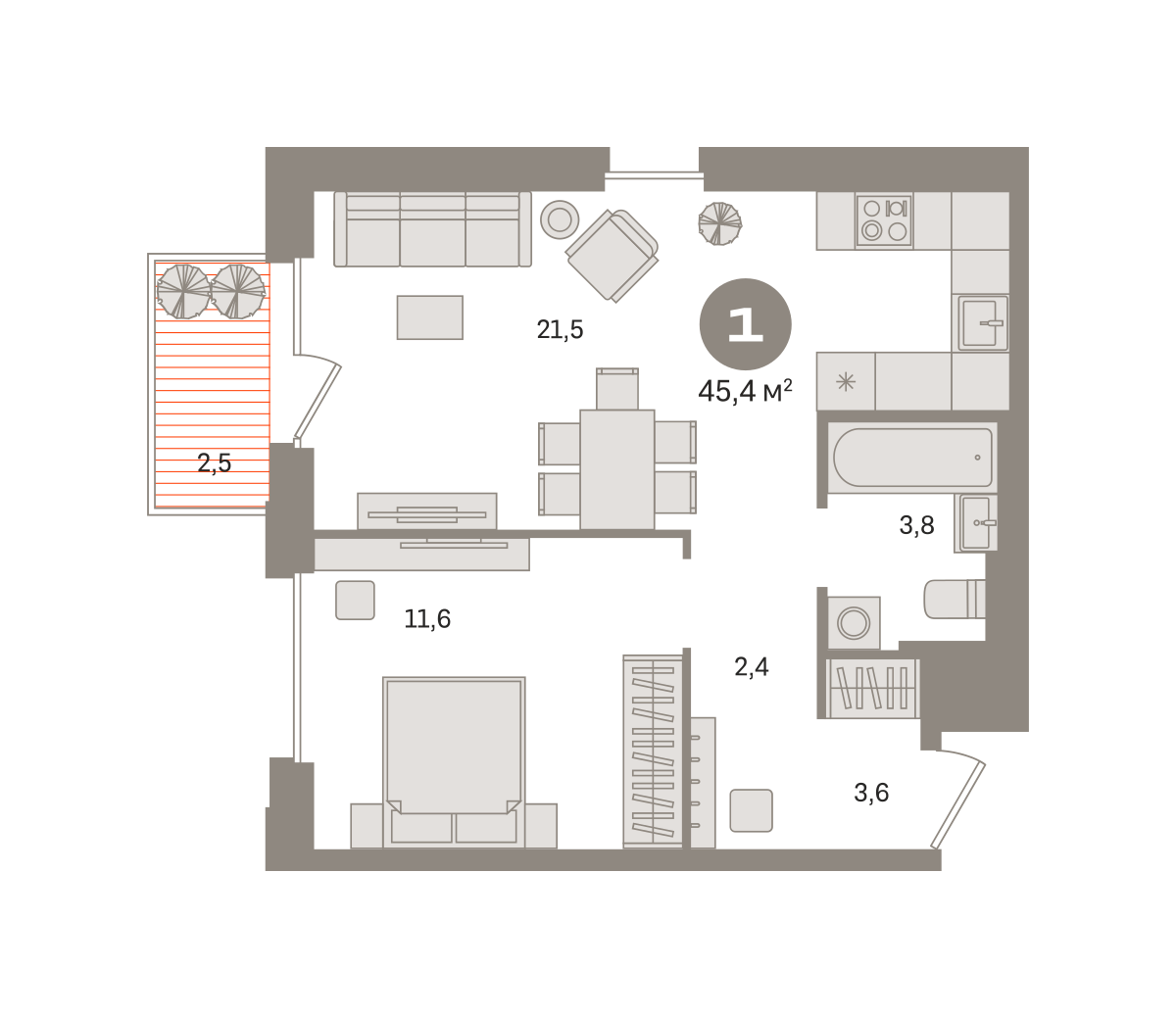 1 комн. Квартира 45.4 кв. м