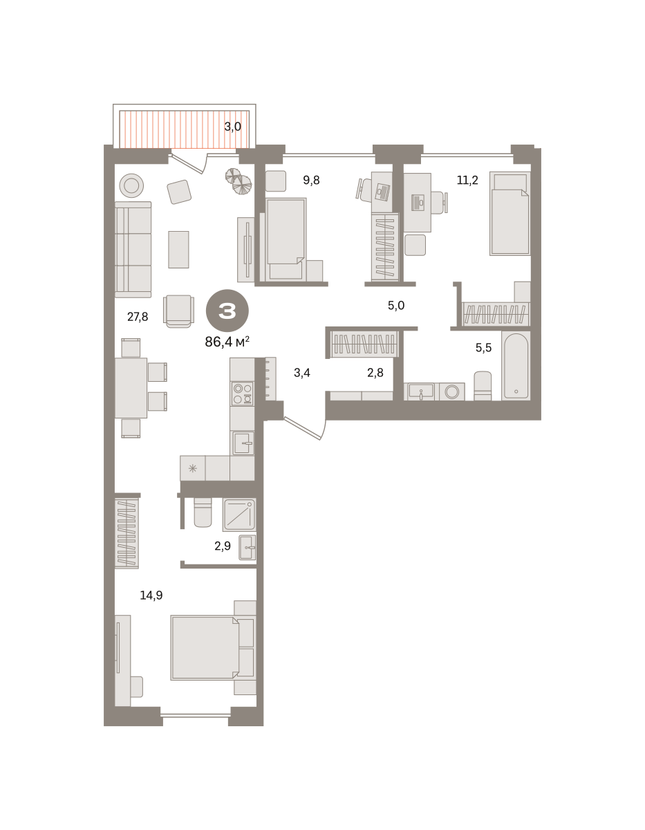 3 комн. Квартира 86.4 кв. м