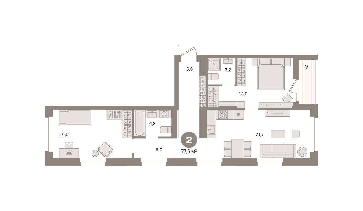 2 комн. Квартира 77.4 кв. м