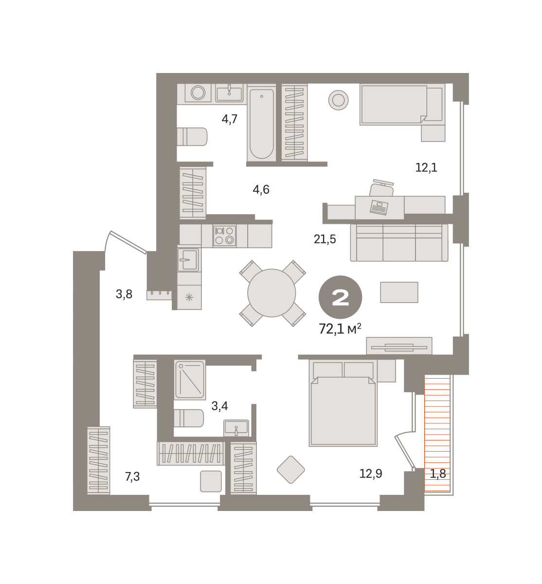 2 комн. Квартира 72.1 кв. м