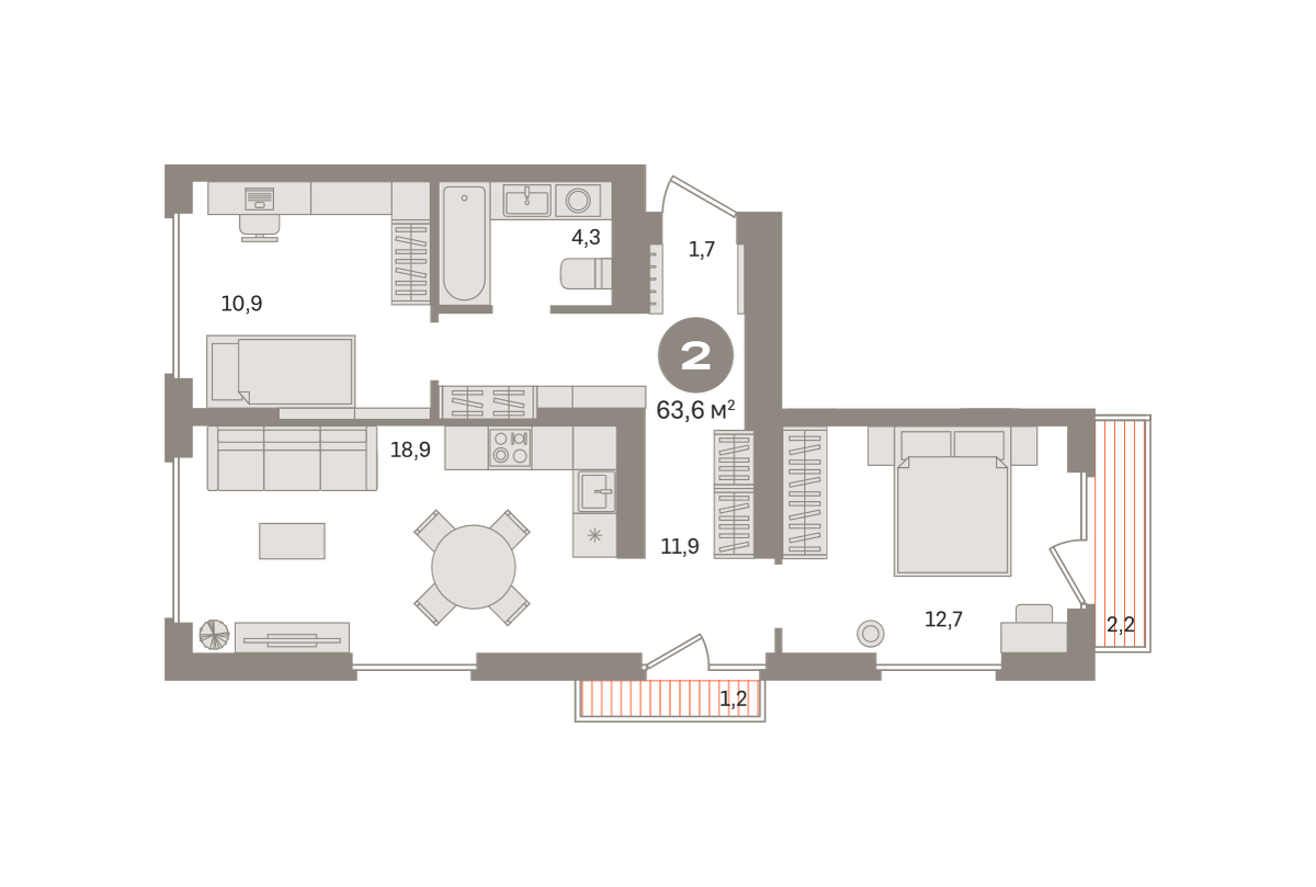2 комн. Квартира 63.6 кв. м