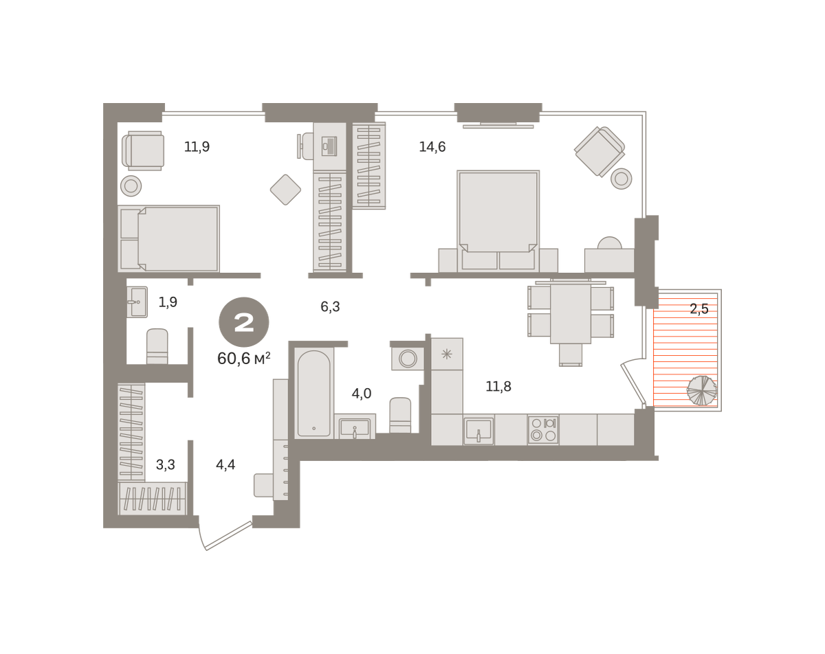 2 комн. Квартира 60.6 кв. м