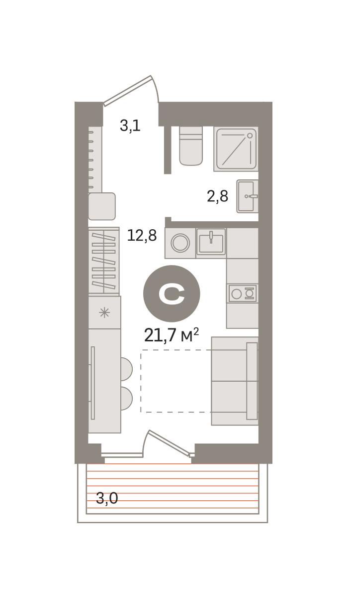 Квартира 21.7 кв. м