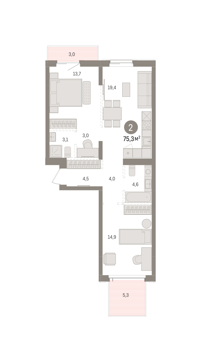 2-комнатная квартира, 75.31 кв.м, Кварталы Драверта