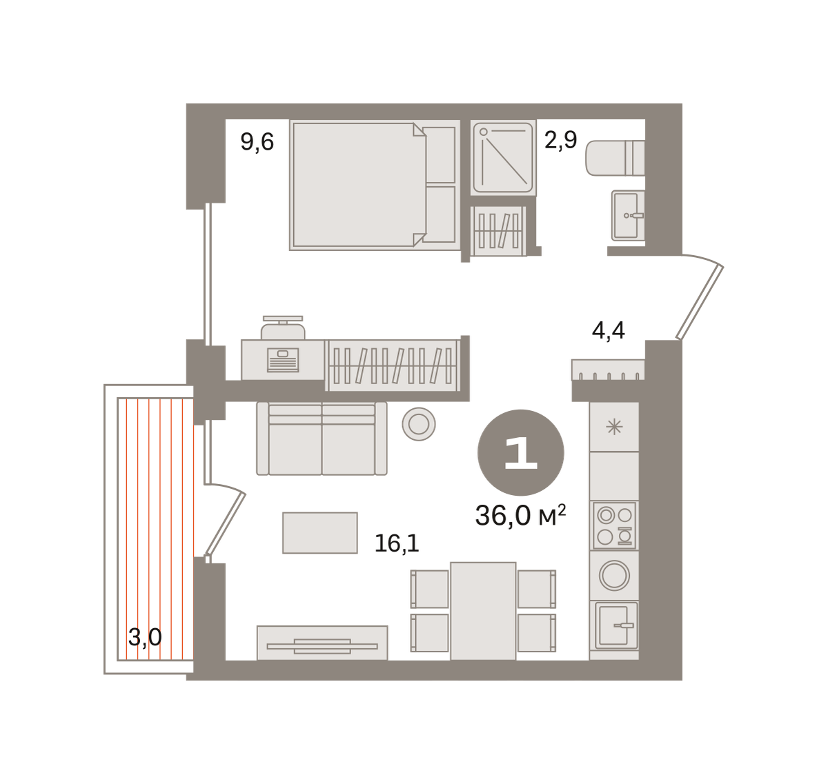 1 комн. Квартира 36 кв. м