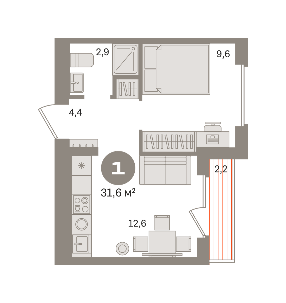1 комн. Квартира 31.6 кв. м