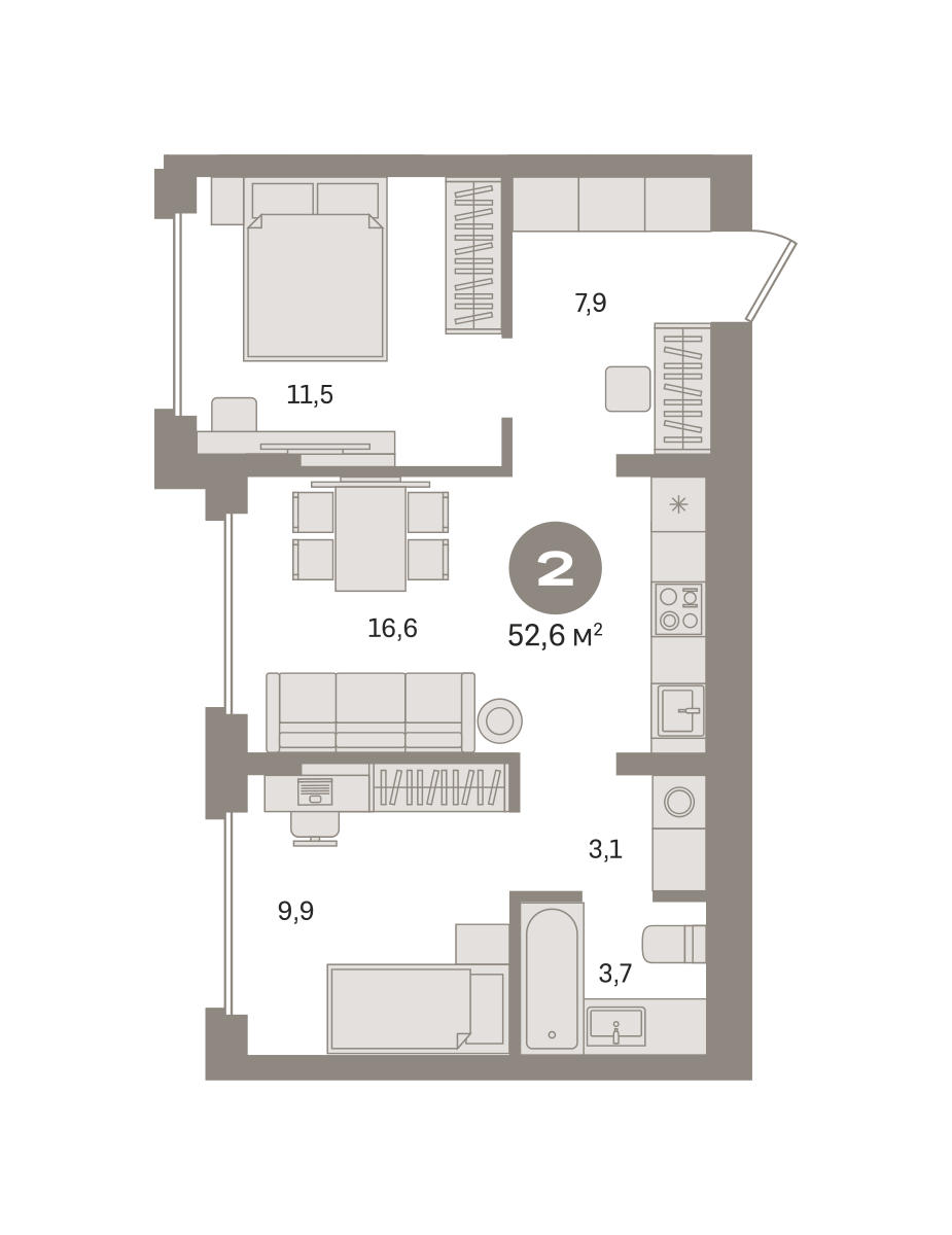2 комн. Квартира 52.6 кв. м