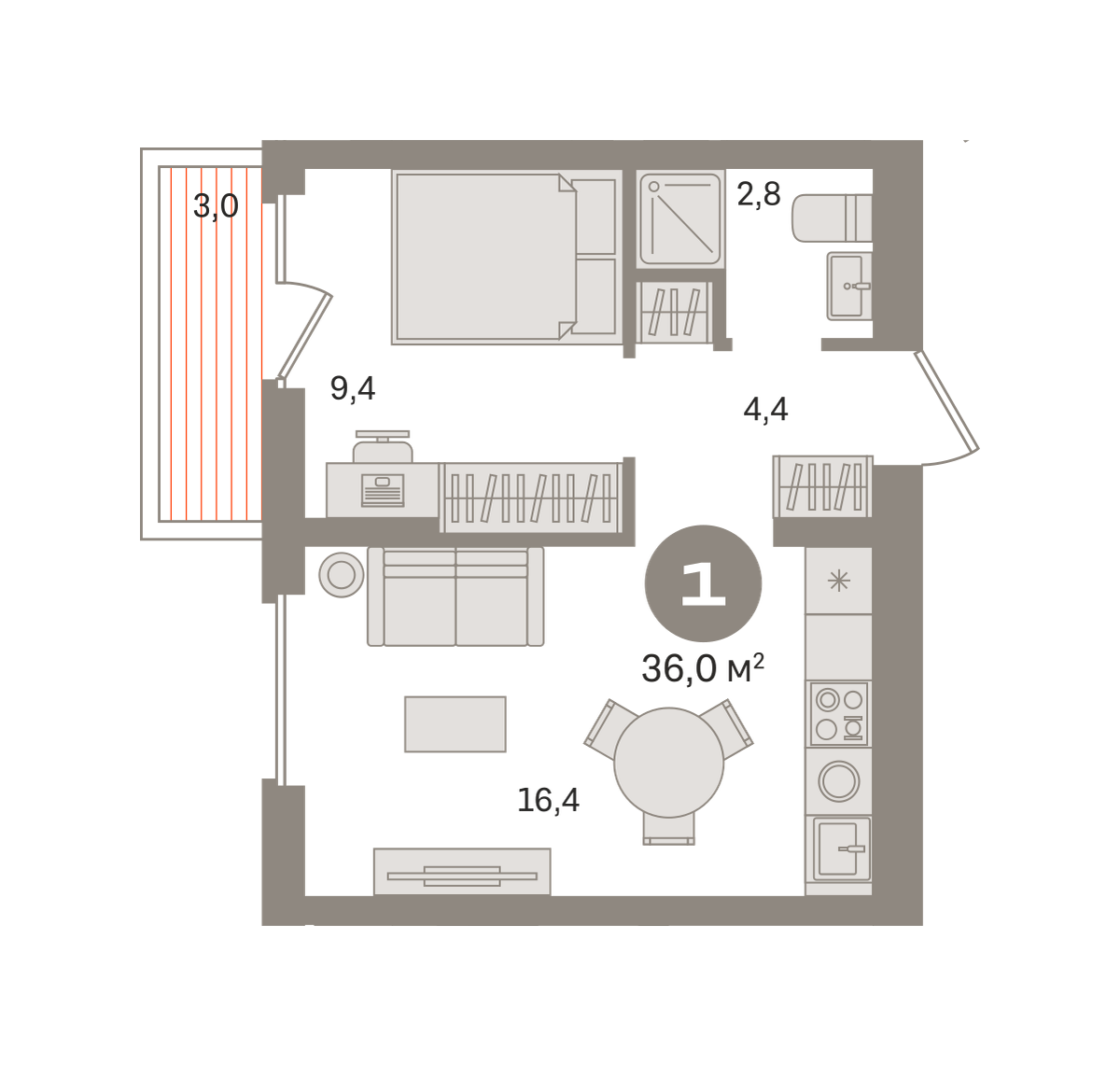 1 комн. Квартира 36 кв. м