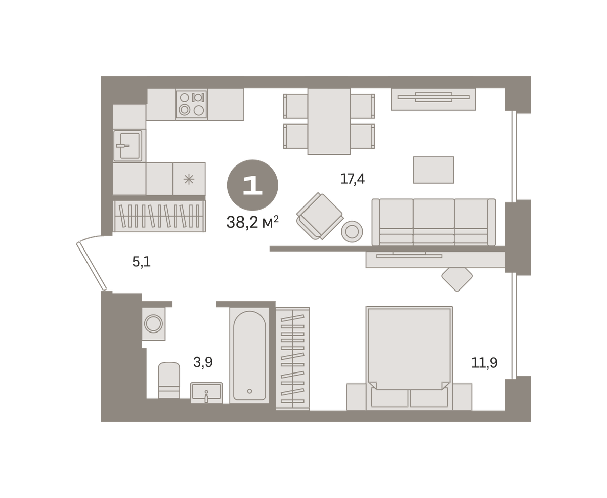 1 комн. Квартира 38.2 кв. м