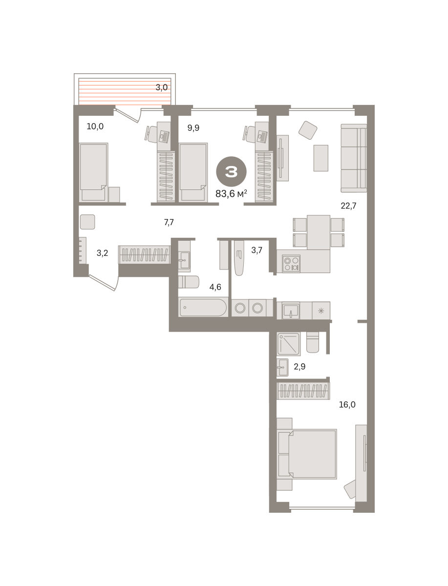 3 комн. Квартира 83.6 кв. м