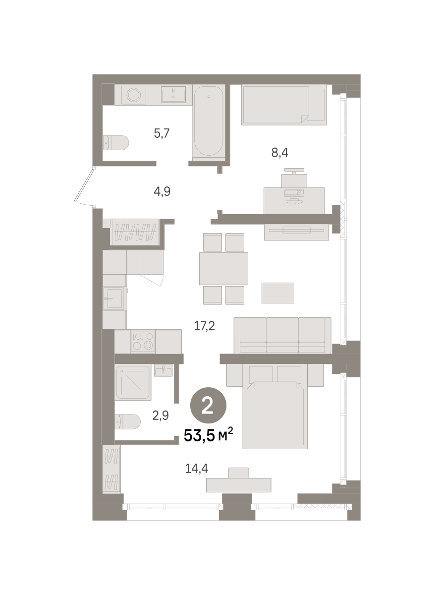 2 комн. Квартира 53.5 кв. м