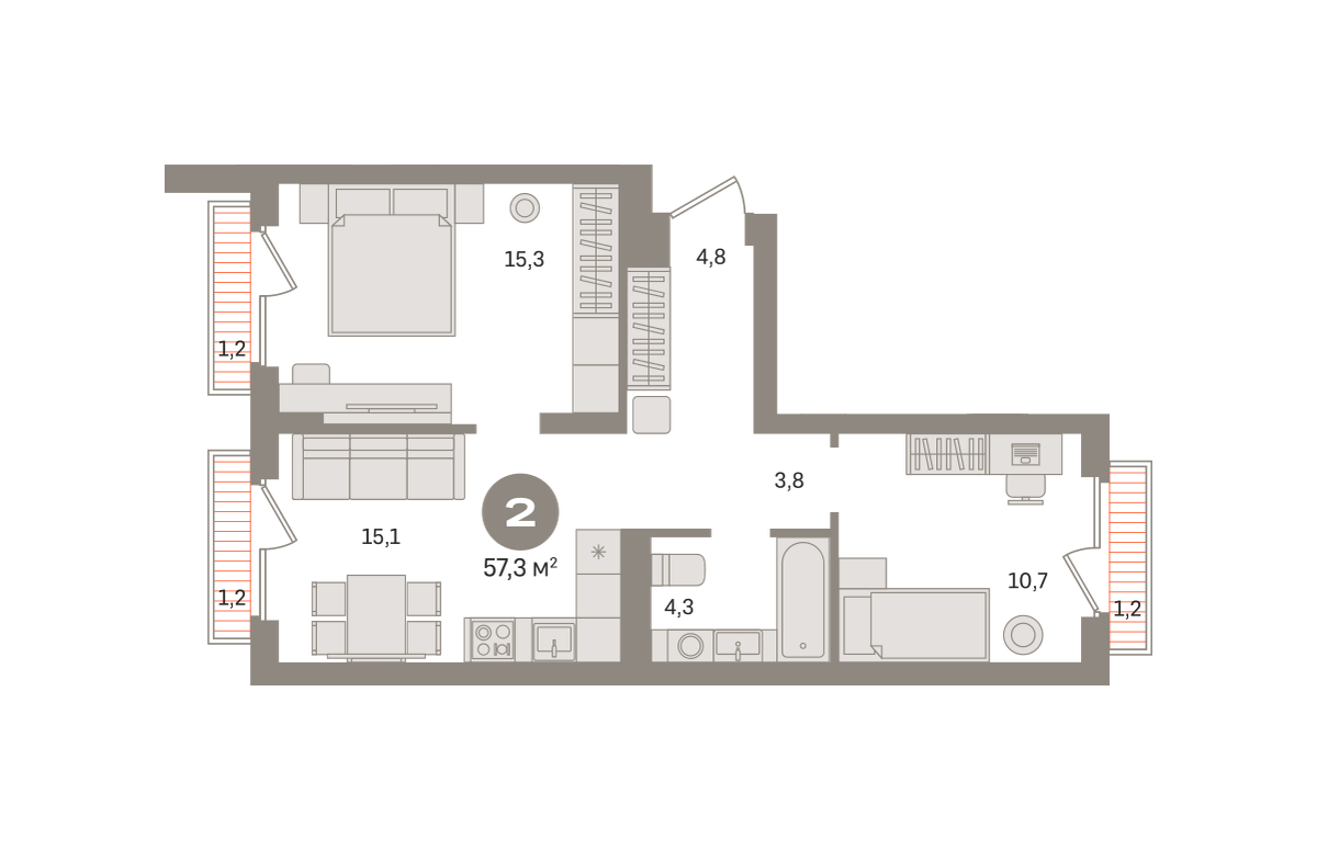 2 комн. Квартира 57.3 кв. м