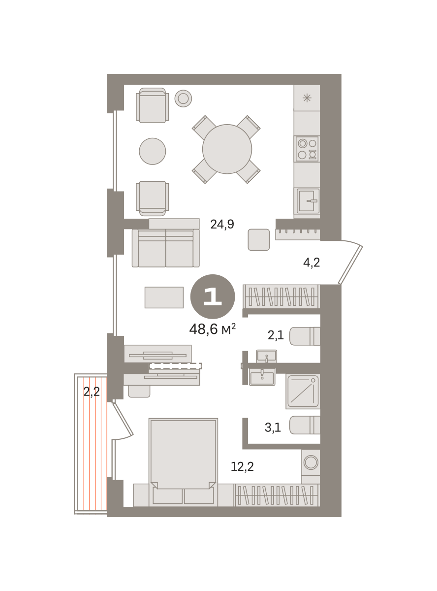 1 комн. Квартира 48.6 кв. м