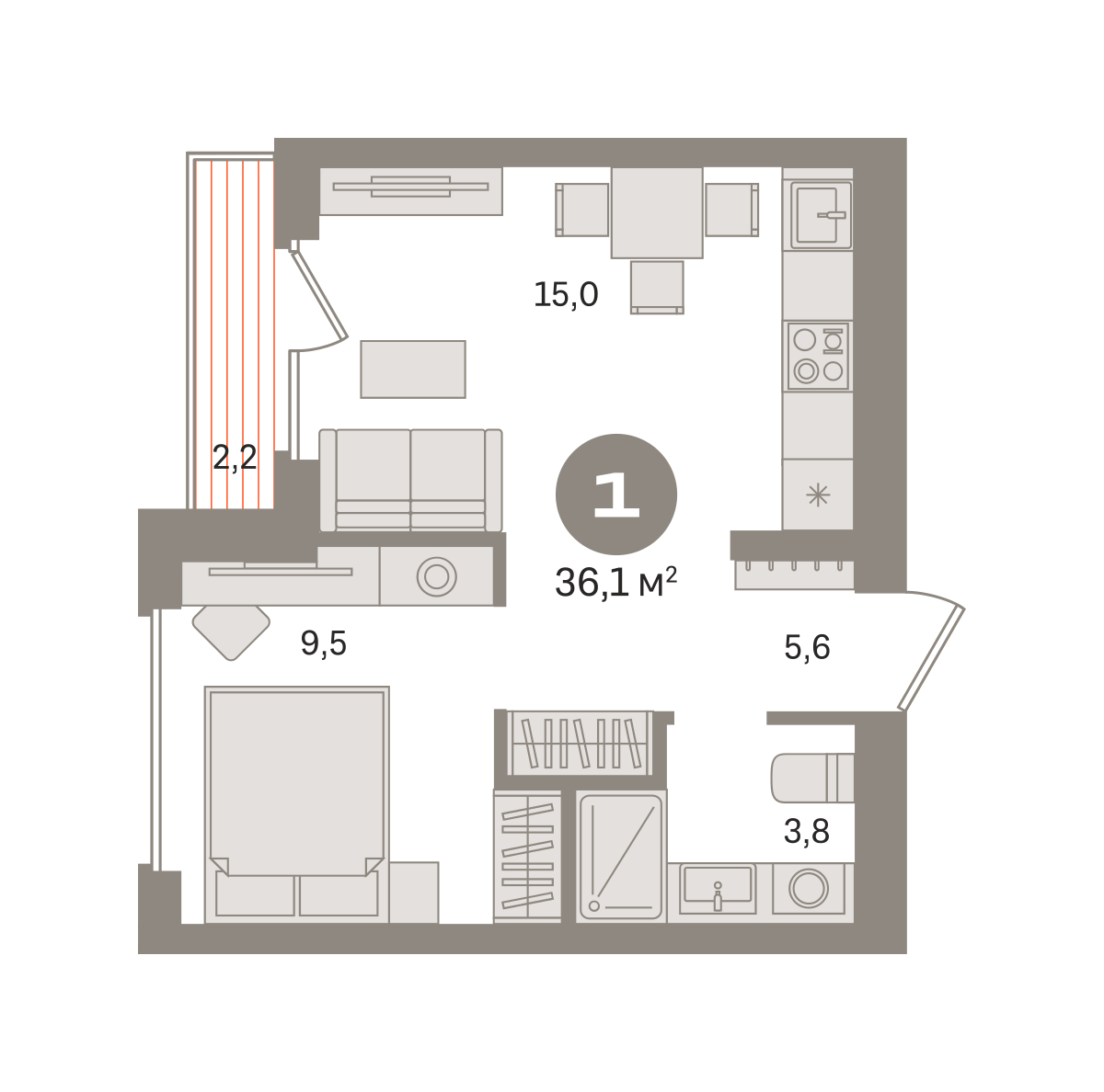 1 комн. Квартира 36.1 кв. м