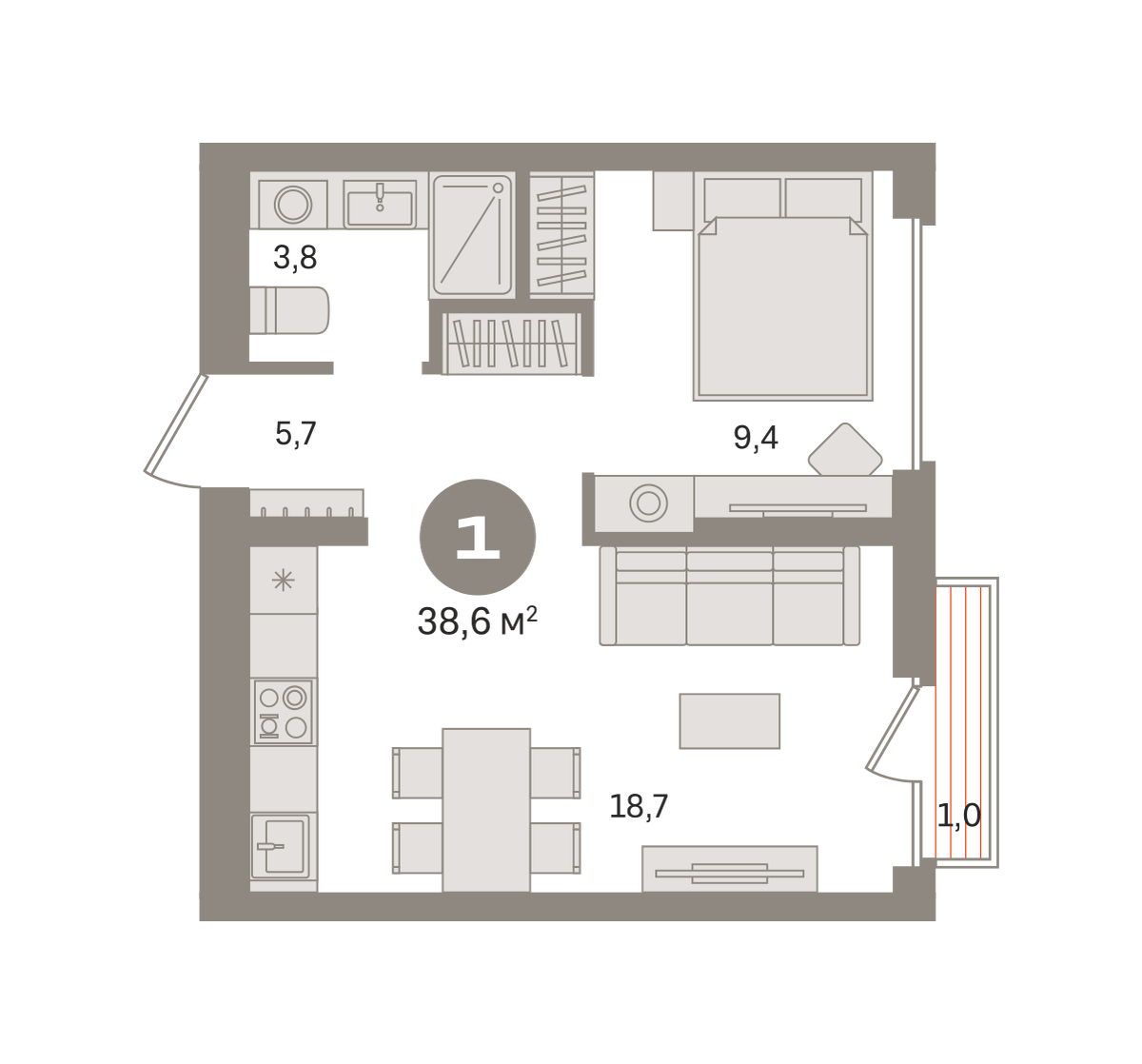 1 комн. Квартира 38.6 кв. м