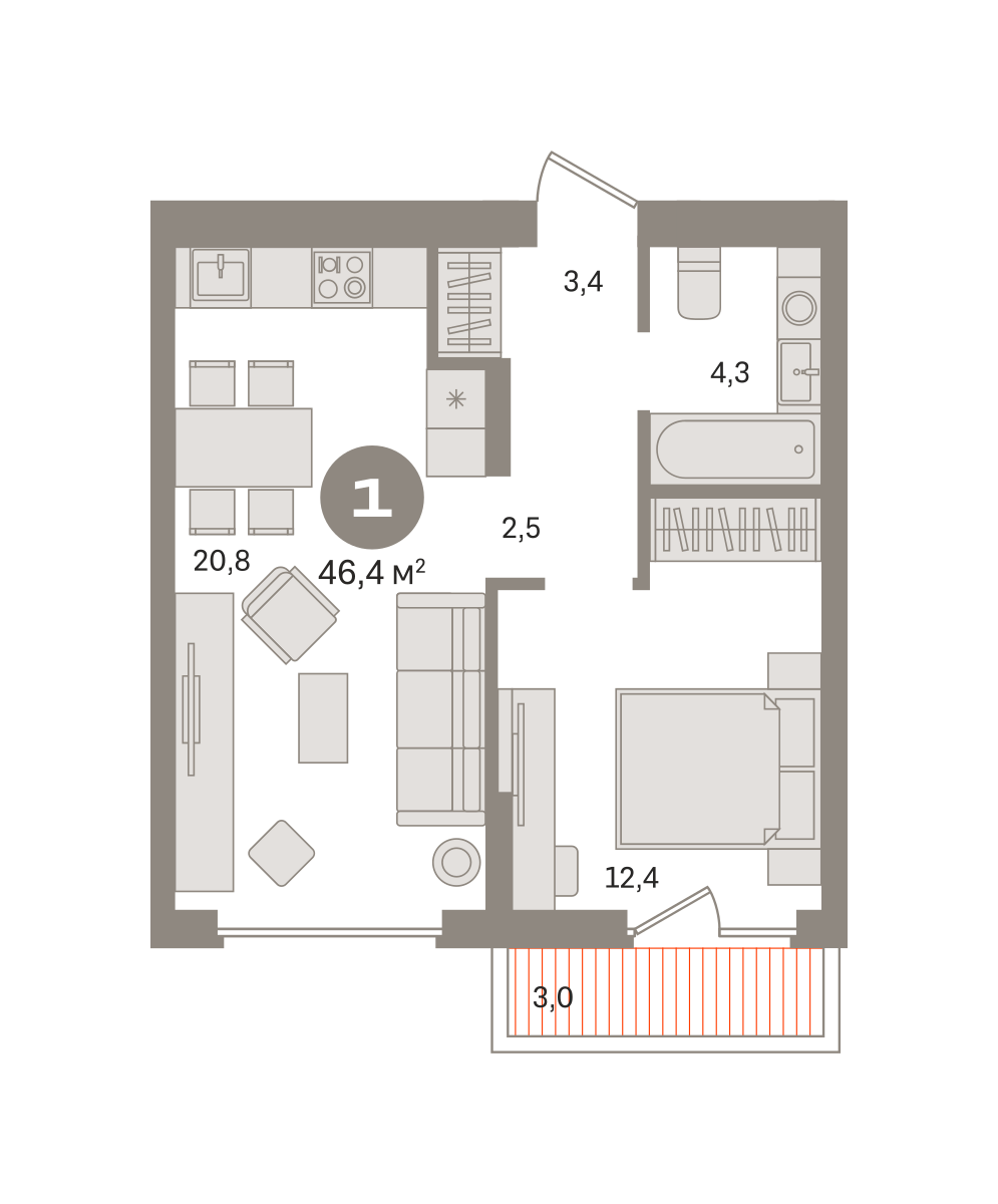 1 комн. Квартира 46.4 кв. м