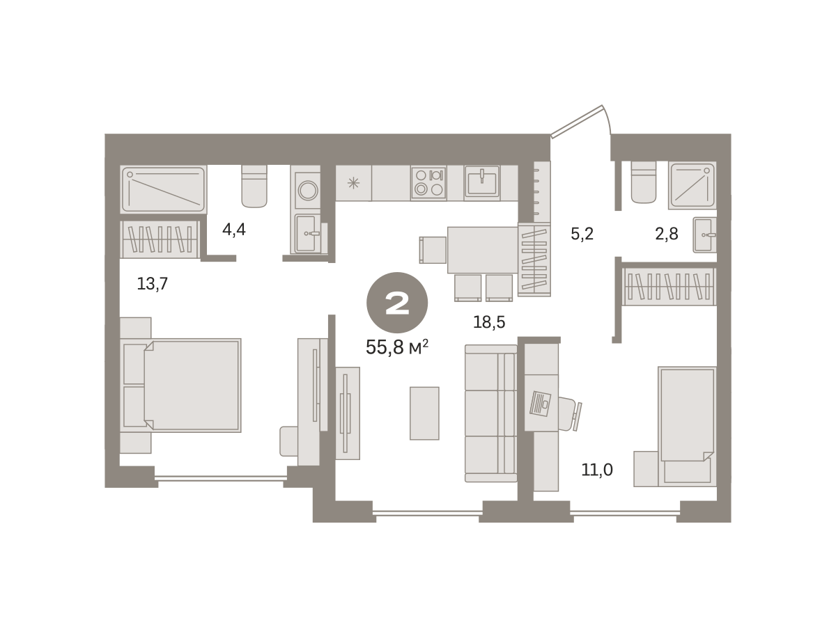 2 комн. Квартира 55.8 кв. м