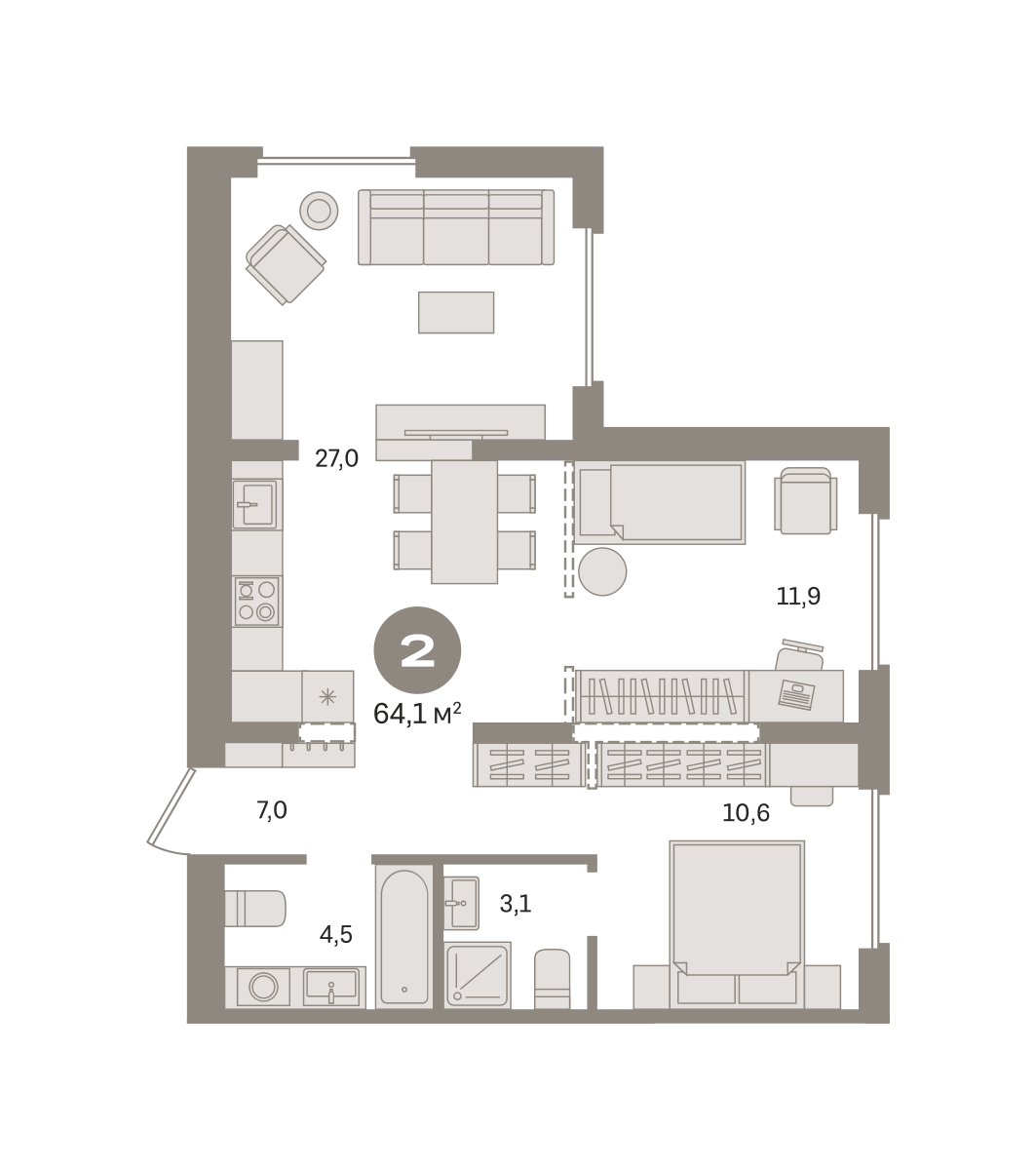 2 комн. Квартира 64.1 кв. м