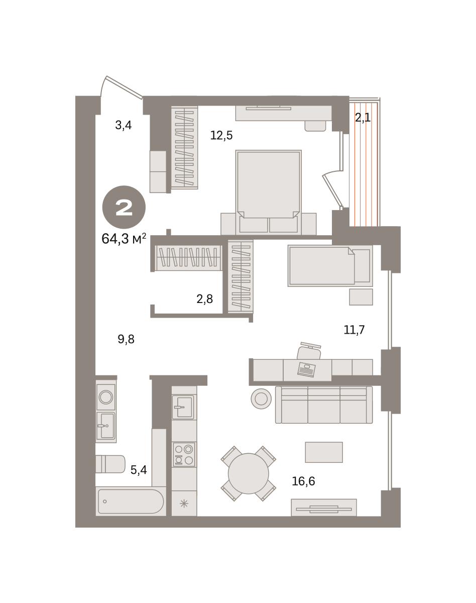 2 комн. Квартира 64.3 кв. м