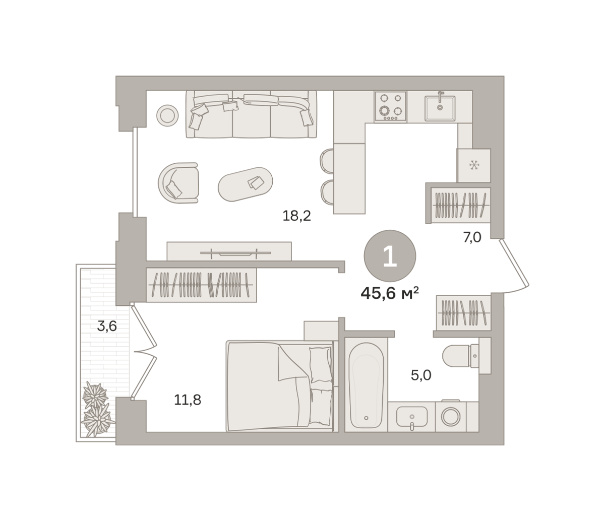 1 комн. Квартира 45.6 кв. м