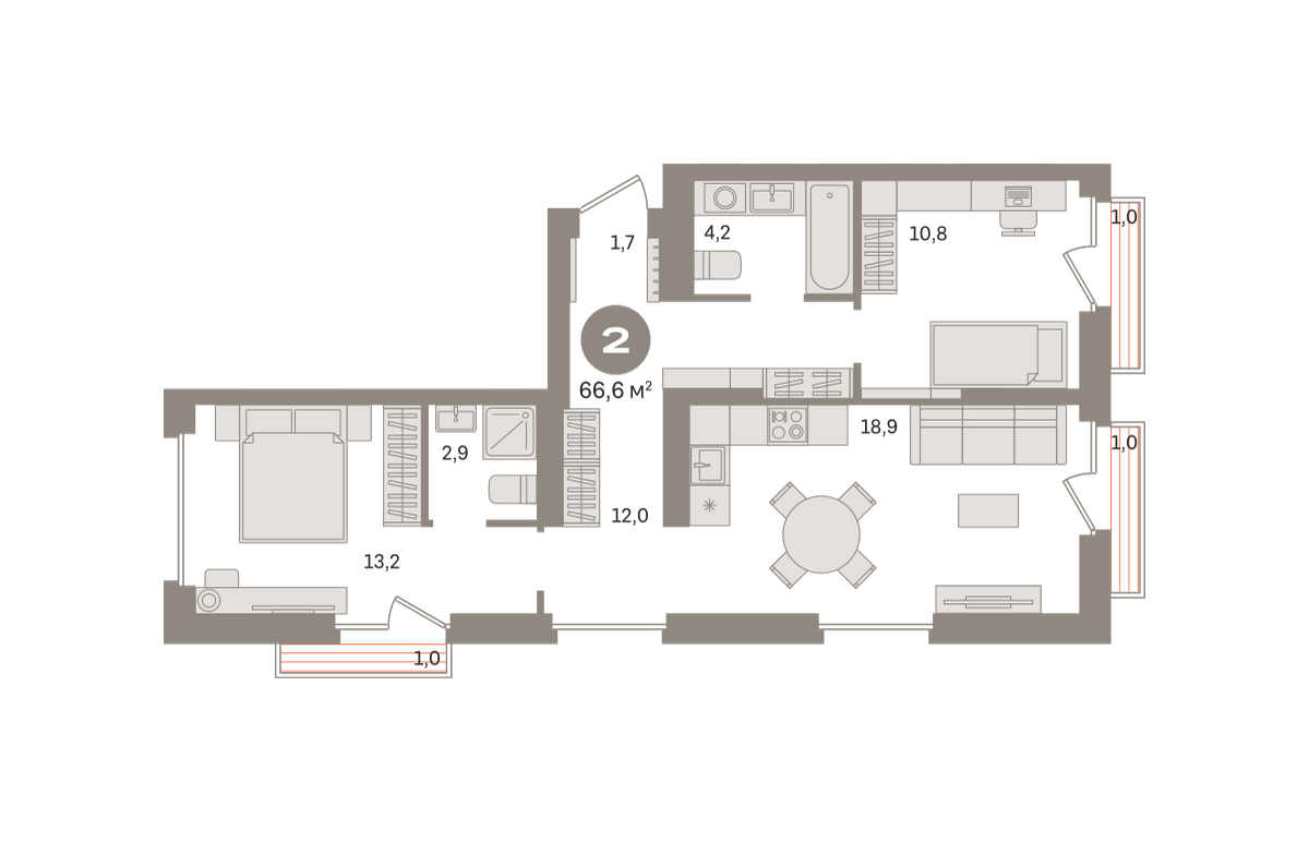 2 комн. Квартира 66.6 кв. м