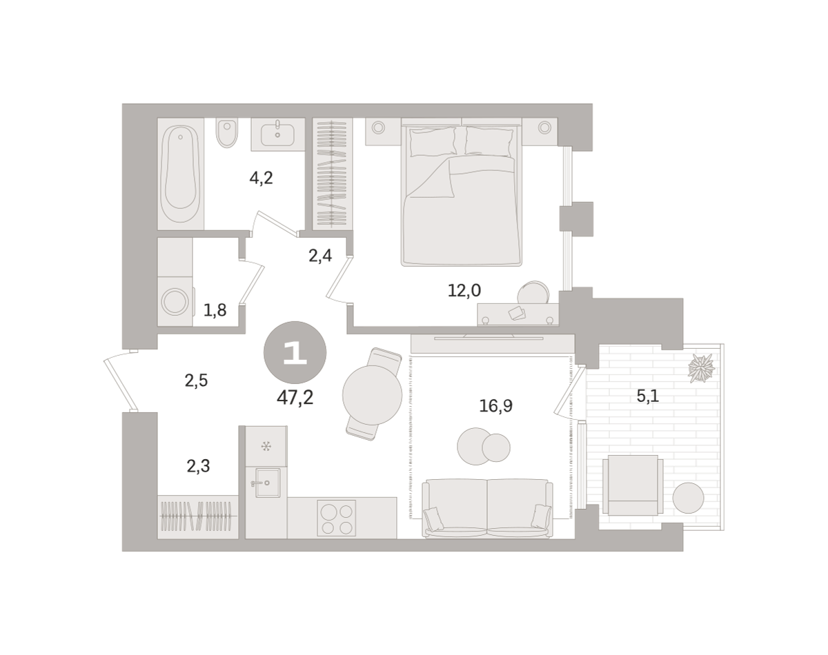 1 комн. Квартира 47.2 кв. м