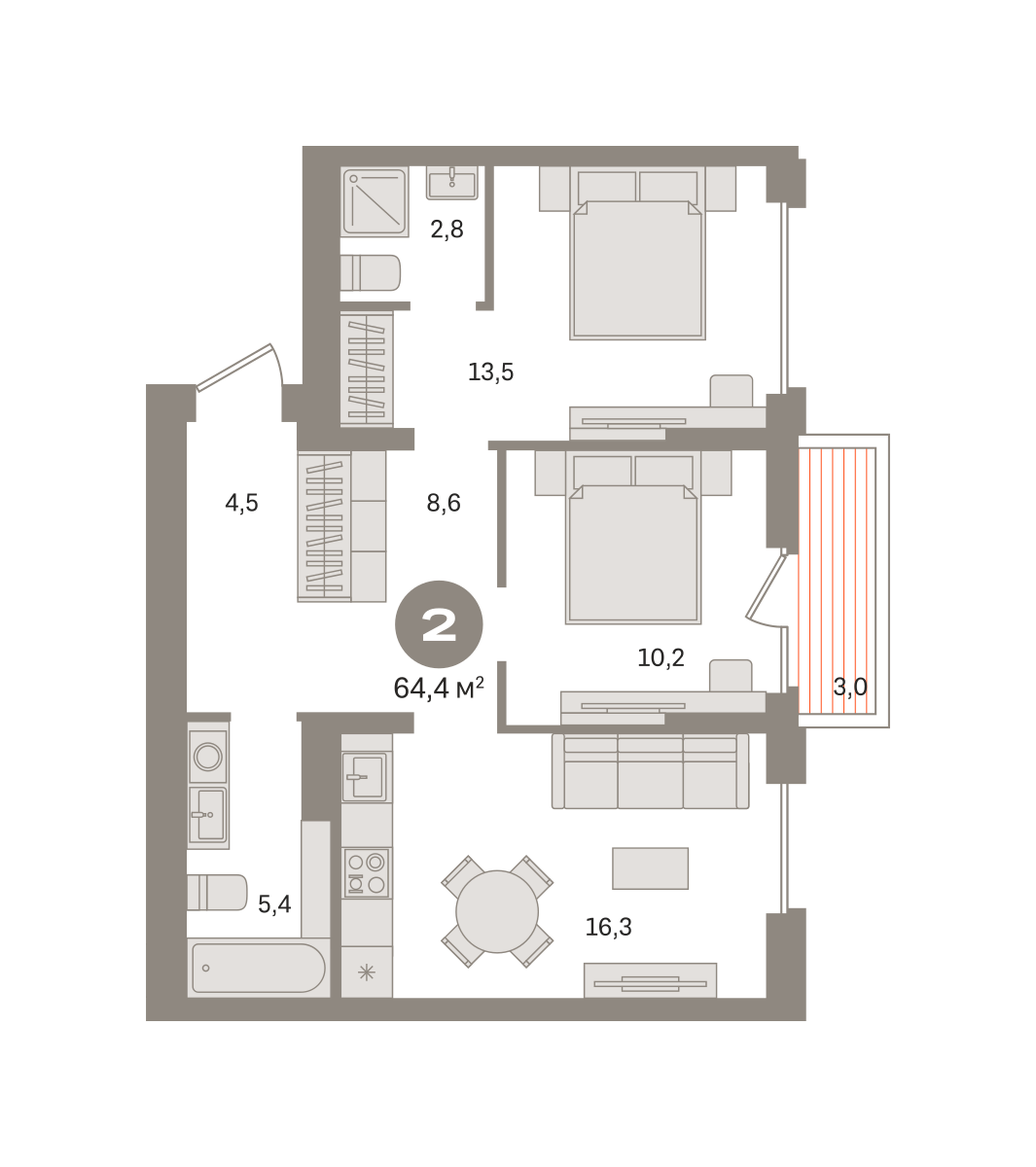 2 комн. Квартира 64.4 кв. м