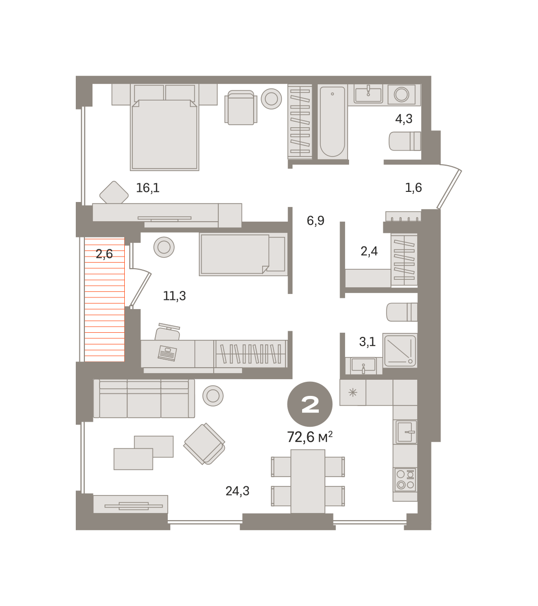 2 комн. Квартира 72.6 кв. м