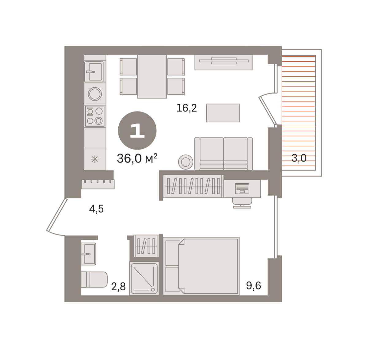 1 комн. Квартира 36 кв. м