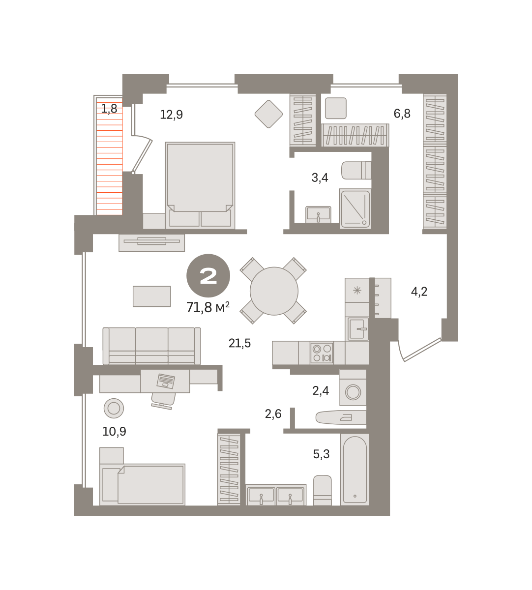 2 комн. Квартира 71.8 кв. м