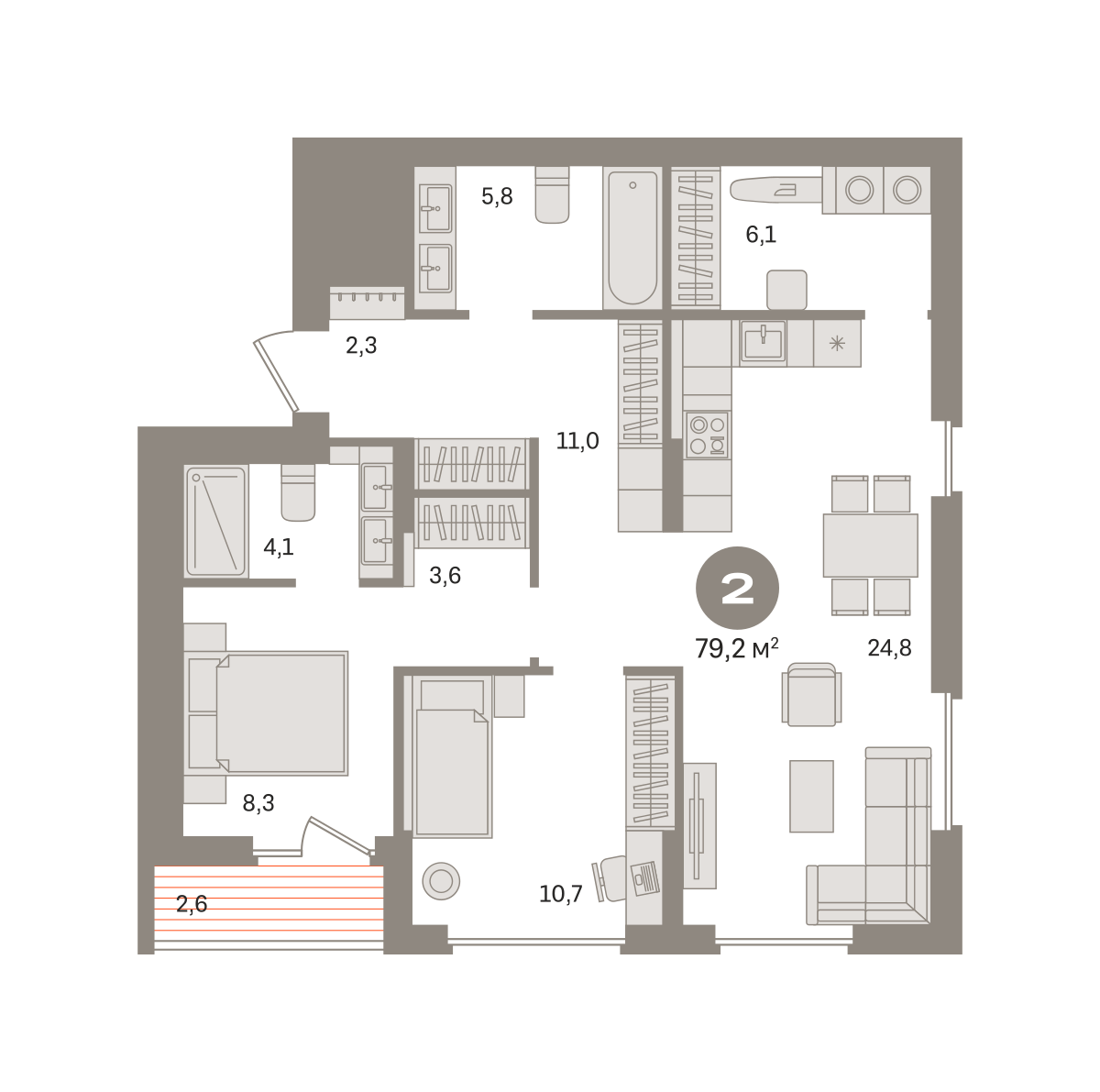 2 комн. Квартира 79.2 кв. м