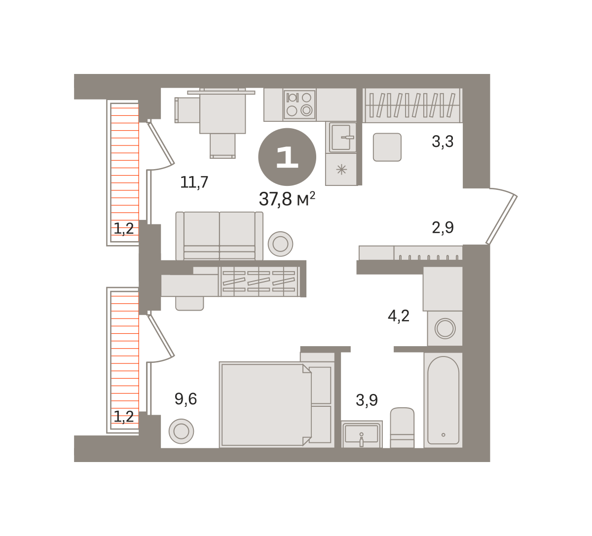 1 комн. Квартира 37.8 кв. м