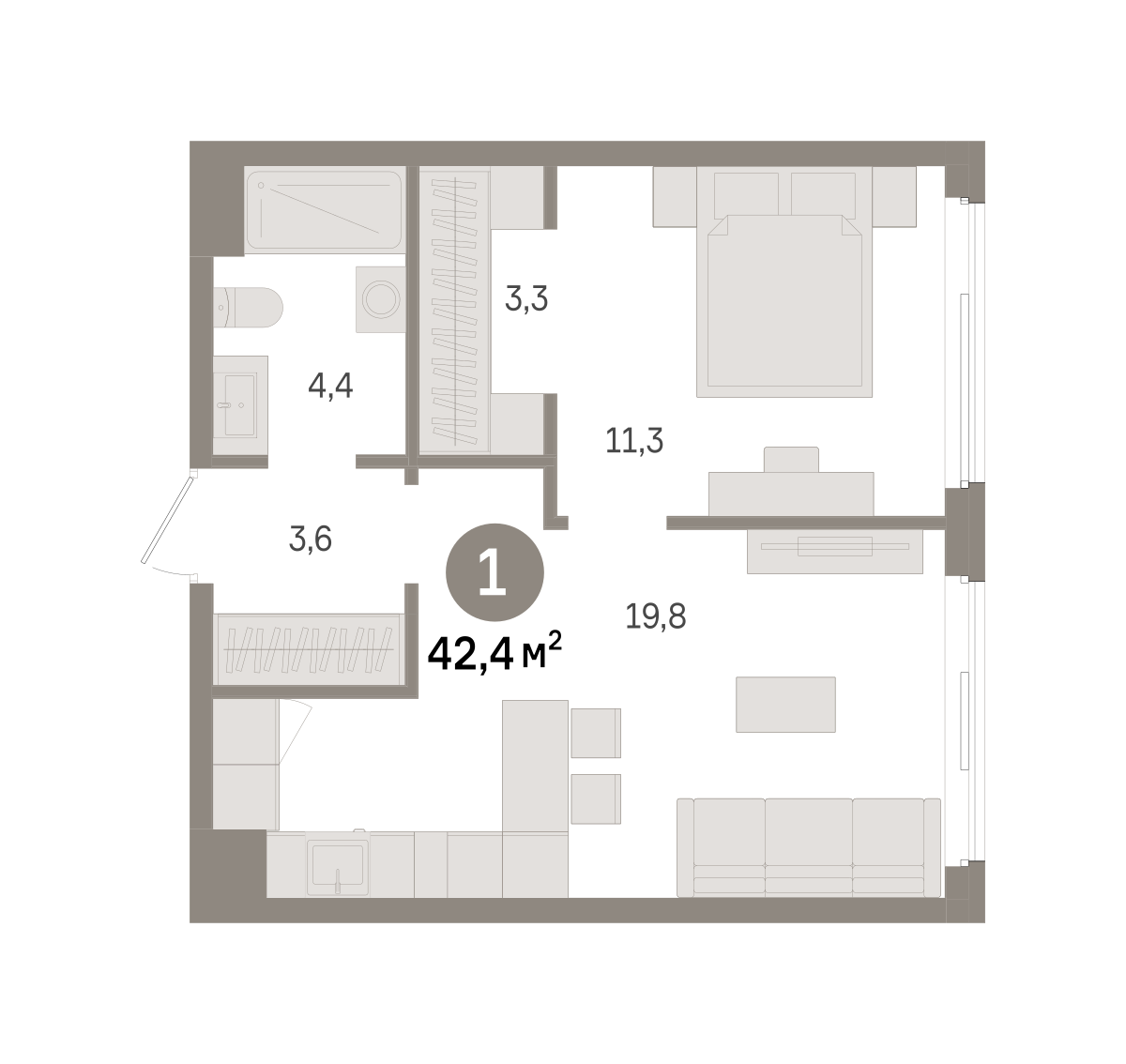 1 комн. Квартира 42.4 кв. м