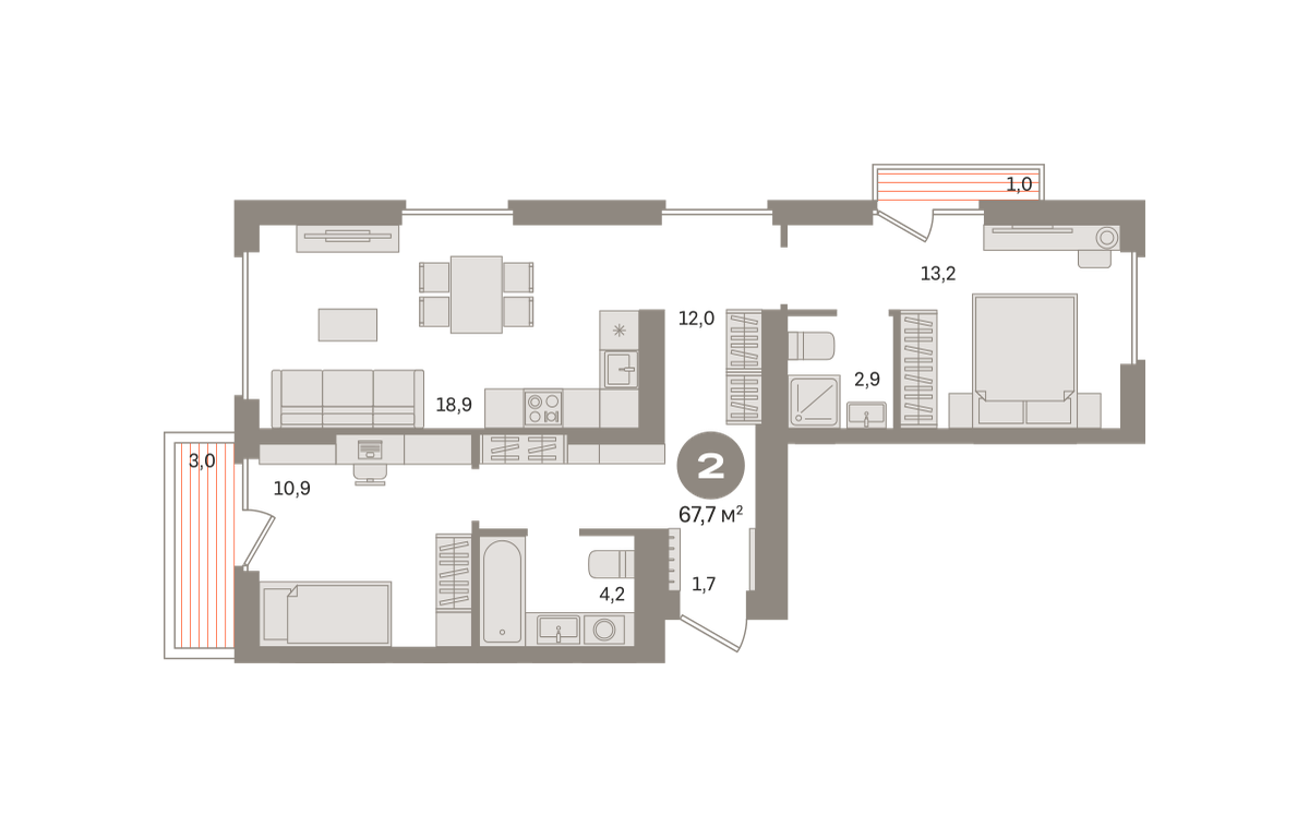 2 комн. Квартира 67.7 кв. м
