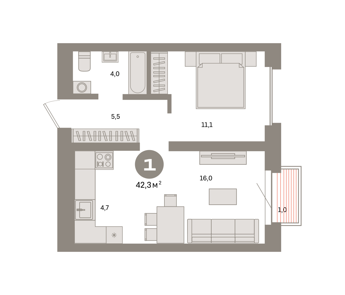 1 комн. Квартира 42.3 кв. м