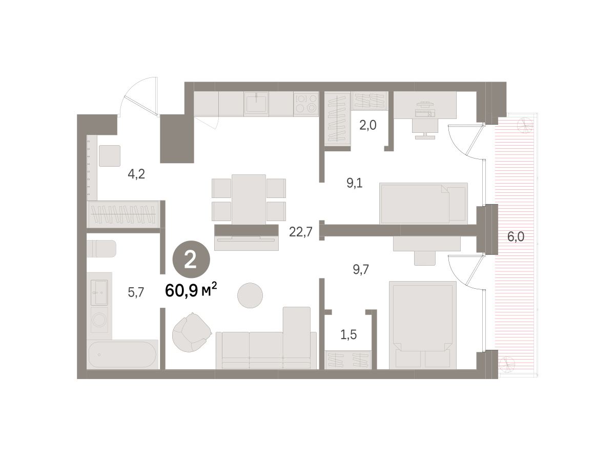 2 комн. Квартира 60.9 кв. м