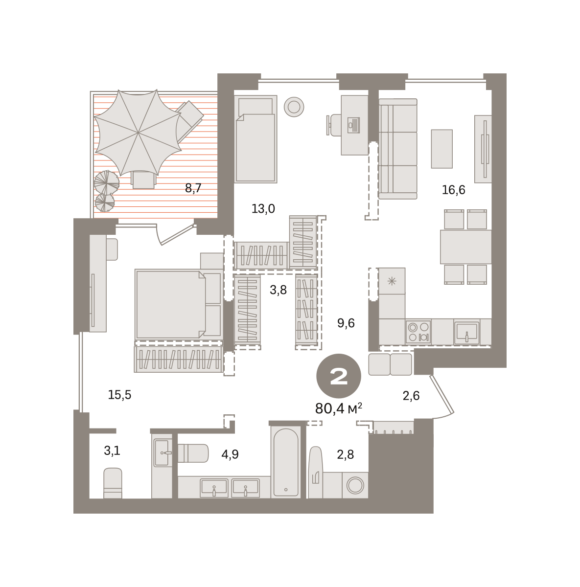 2 комн. Квартира 80.4 кв. м
