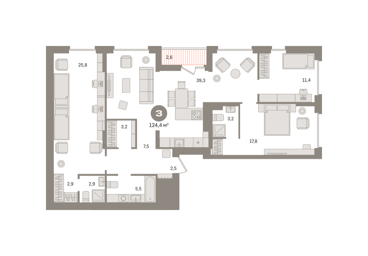 3 комн. Квартира 124.4 кв. м