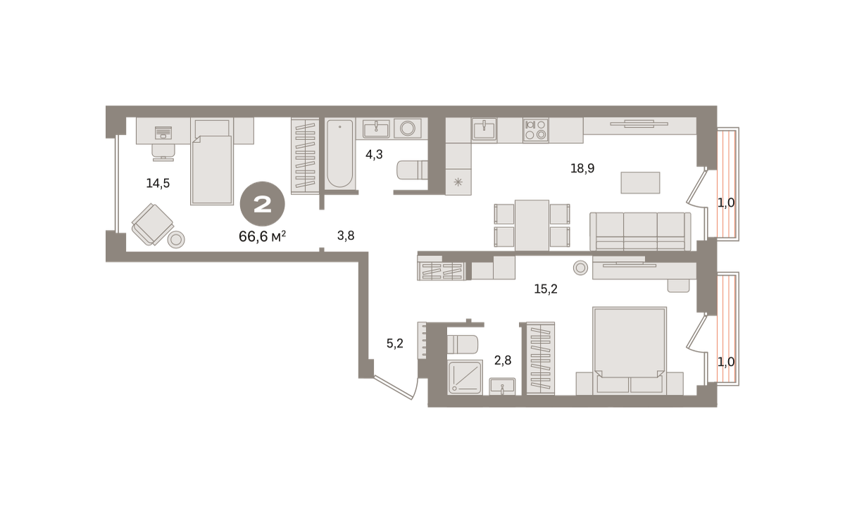 2 комн. Квартира 66.6 кв. м
