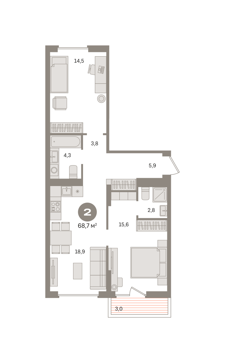 2 комн. Квартира 68.7 кв. м