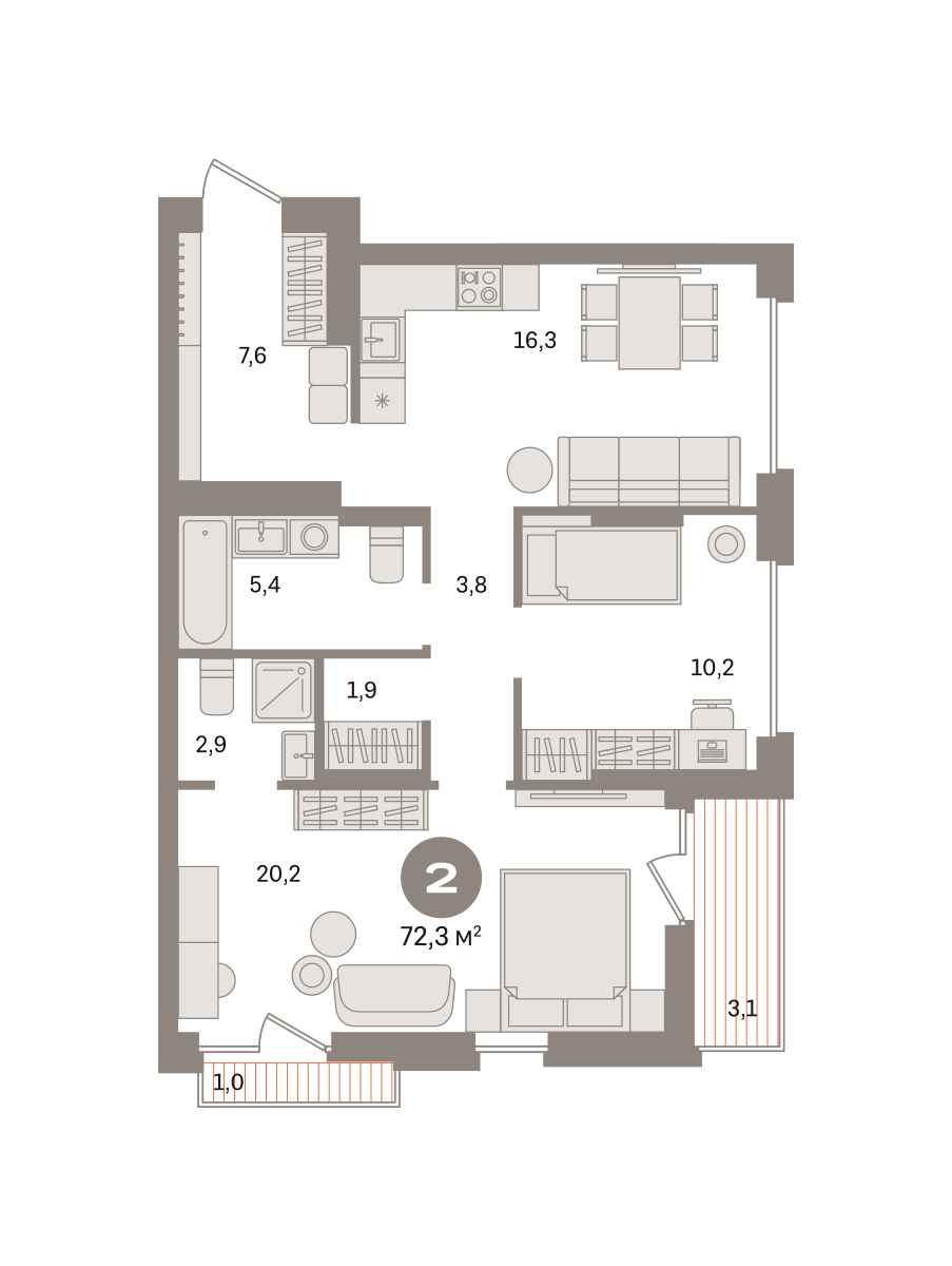2 комн. Квартира 72.3 кв. м