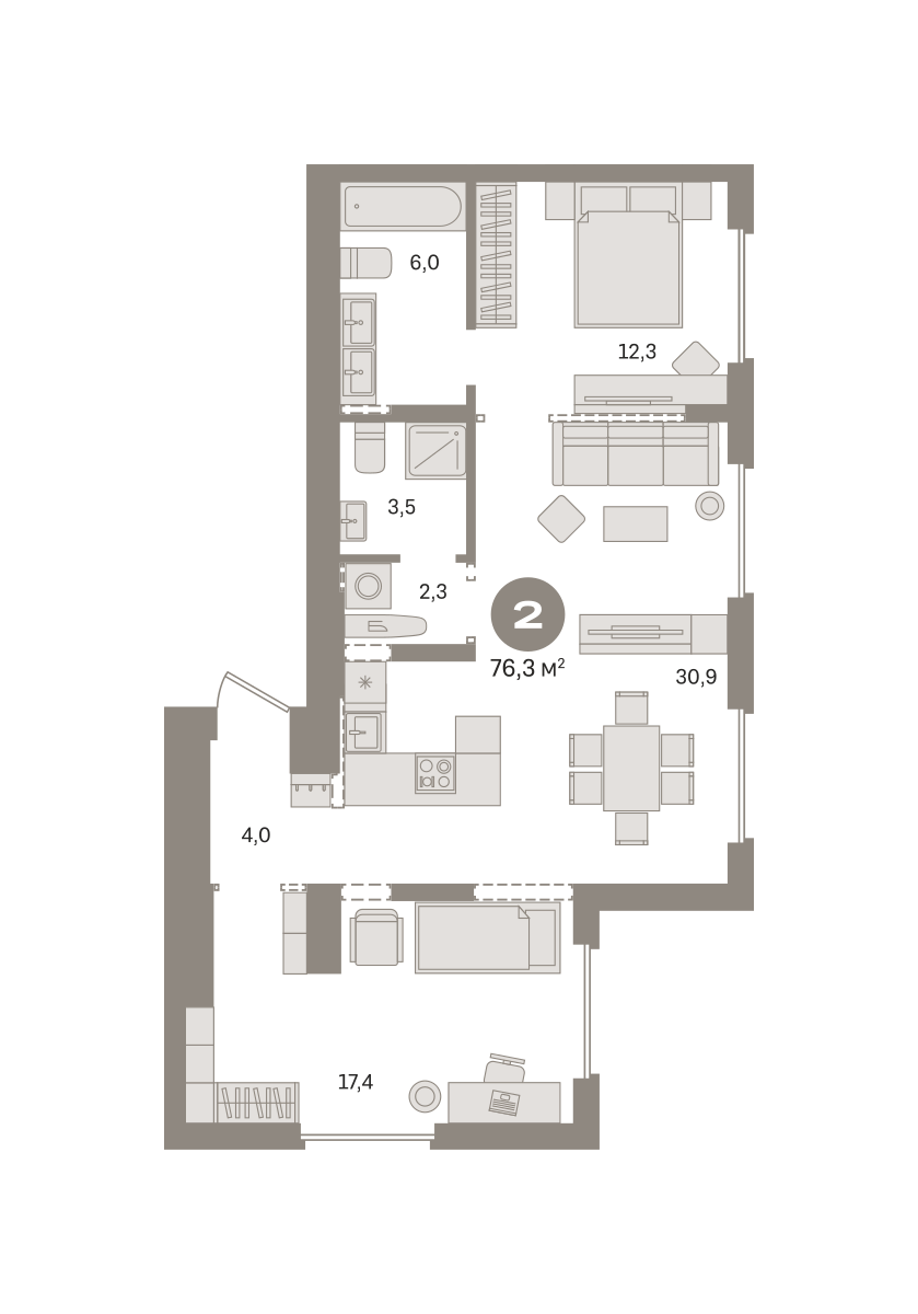 2 комн. Квартира 76.3 кв. м